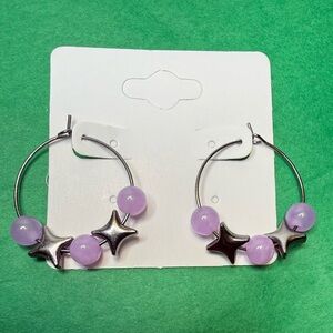 Purple Jade and Black Star Hoop Earrings